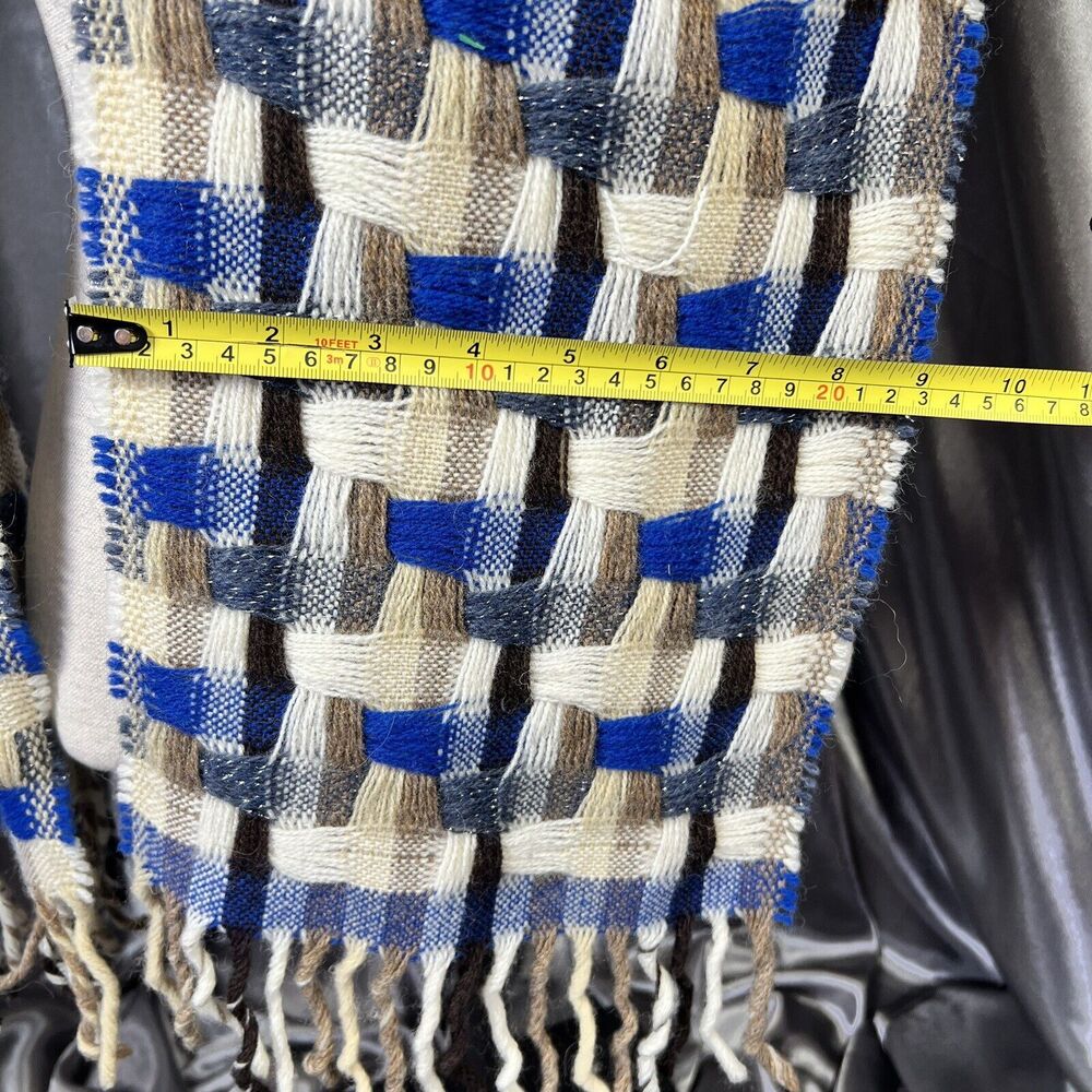 Italian Woven Lambswool Scarf Unisex 32”x9 Tassel Textured Blue Tan‎ Fall Winter - Picture 6 of 8